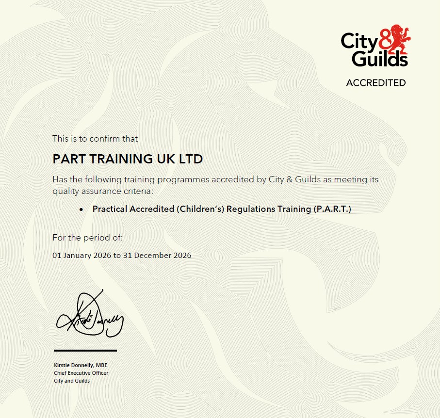 City & Guilds certificate confirming accreditation of Practical Accredited (Children's) Regulations Training